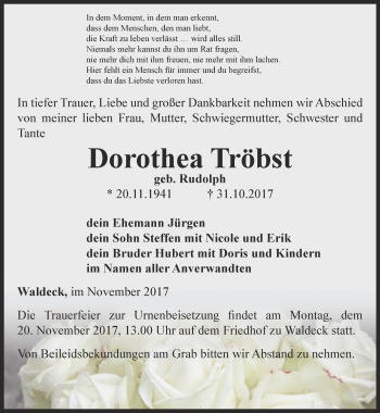 Traueranzeige von Dorothea Tröbst von Ostthüringer Zeitung