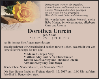 Traueranzeige von Dorothea Unrein von Thüringer Allgemeine