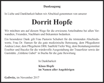 Traueranzeige von Dorrit Hopfe von Ostthüringer Zeitung