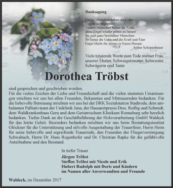 Traueranzeige von Dorthea Tröbst von Ostthüringer Zeitung