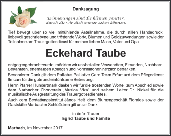 Traueranzeige von Eckehard Taube von Thüringer Allgemeine, Thüringische Landeszeitung