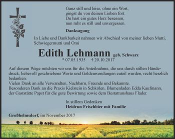 Traueranzeige von Edith Lehmann von Ostthüringer Zeitung