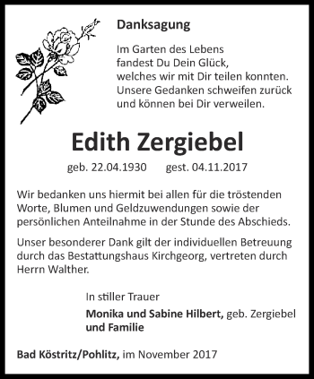 Traueranzeige von Edith Zergiebel von Ostthüringer Zeitung