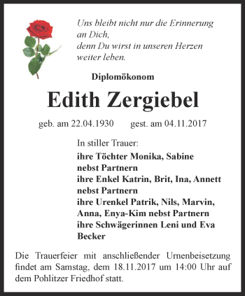 Traueranzeige von Edith Zergiebel von Ostthüringer Zeitung