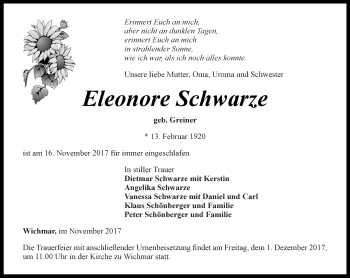 Traueranzeige von Eleonore Schwarze von Ostthüringer Zeitung, Thüringische Landeszeitung