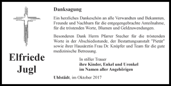 Traueranzeige von Elfriede Jugl von Ostthüringer Zeitung