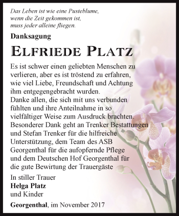 Traueranzeige von Elfriede Platz von Ostthüringer Zeitung, Thüringische Landeszeitung