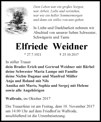 Traueranzeige von Elfriede Weidner von Thüringer Allgemeine