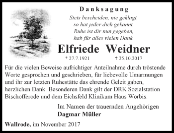 Traueranzeige von Elfriede Weidner von Thüringer Allgemeine