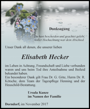Traueranzeige von Elisabeth Hecker von Ostthüringer Zeitung, Thüringische Landeszeitung