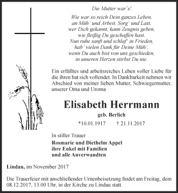 Traueranzeige von Elisabeth Herrmann von Ostthüringer Zeitung
