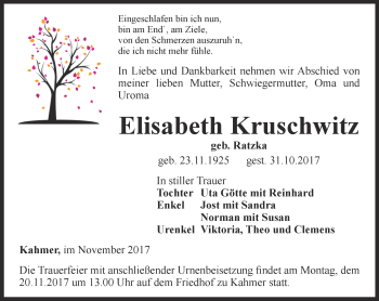 Traueranzeige von Elisabeth Kruschwitz von Ostthüringer Zeitung