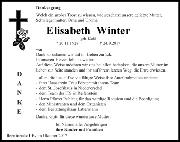 Traueranzeige von Elisabeth Winter von Thüringer Allgemeine