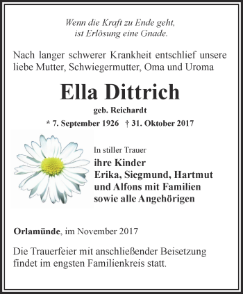 Traueranzeige von Ella Dittrich von Ostthüringer Zeitung, Thüringische Landeszeitung