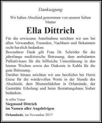 Traueranzeige von Ella Dittrich von Ostthüringer Zeitung, Thüringische Landeszeitung