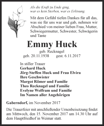 Traueranzeige von Emmy Huck von Thüringer Allgemeine, Thüringische Landeszeitung