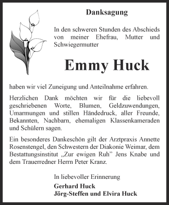 Traueranzeige von Emmy Huck von Thüringer Allgemeine, Thüringische Landeszeitung