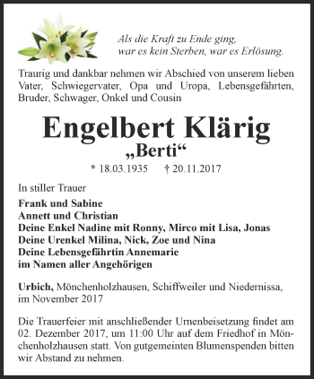 Traueranzeige von Engelbert Klärig von Thüringer Allgemeine, Thüringische Landeszeitung