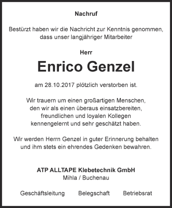 Traueranzeige von Enrico Genzel von Thüringer Allgemeine, Thüringische Landeszeitung