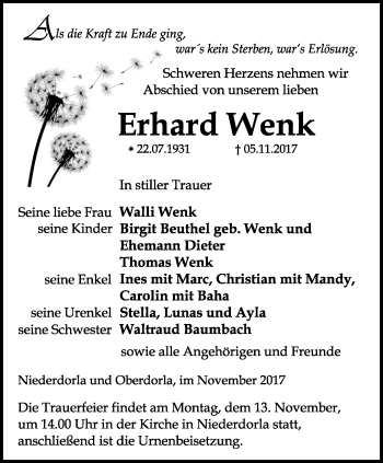 Traueranzeige von Erhard Wenk von Thüringer Allgemeine, Thüringische Landeszeitung