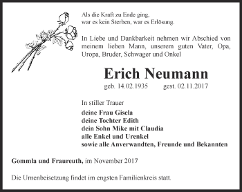 Traueranzeige von Erich Neumann von Ostthüringer Zeitung