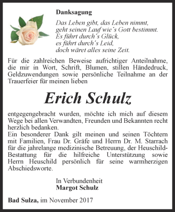 Traueranzeige von Erich Schulz von Thüringer Allgemeine, Thüringische Landeszeitung