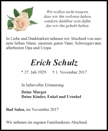 Traueranzeige von Erich Schulz von Thüringer Allgemeine, Thüringische Landeszeitung