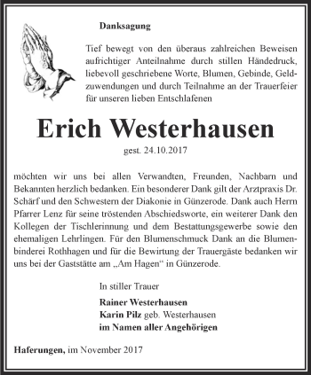 Traueranzeige von Erich Westerhausen von Thüringer Allgemeine