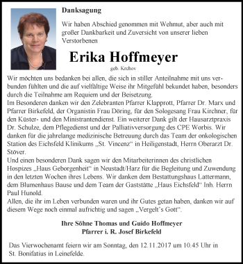 Traueranzeige von Erika Hoffmeyer von Thüringer Allgemeine