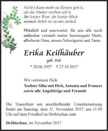 Traueranzeige von Erika Keilhäuber von Ostthüringer Zeitung