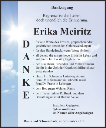 Traueranzeige von Erika Meiritz von Ostthüringer Zeitung