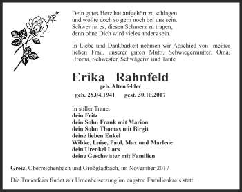 Traueranzeige von Erika Rahnfeld von Ostthüringer Zeitung