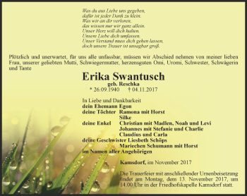 Traueranzeige von Erika Swantusch von Ostthüringer Zeitung