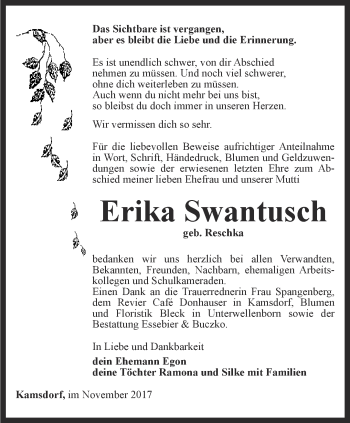 Traueranzeige von Erika Swantusch von Ostthüringer Zeitung