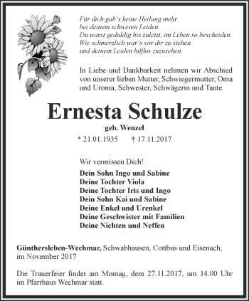 Traueranzeige von Ernesta Schulze von Ostthüringer Zeitung, Thüringische Landeszeitung