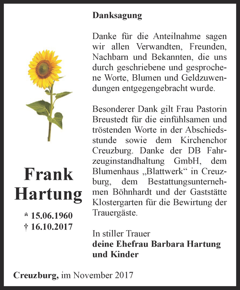  Traueranzeige für Frank Hartung vom 11.11.2017 aus Thüringer Allgemeine, Thüringische Landeszeitung