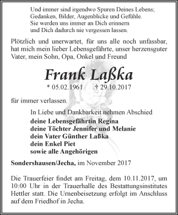 Traueranzeige von Frank Laßka von Thüringer Allgemeine