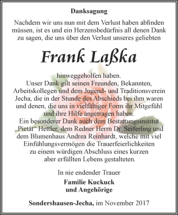 Traueranzeige von Frank Laßka von Thüringer Allgemeine