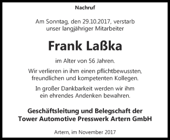 Traueranzeige von Frank Laßka von Thüringer Allgemeine