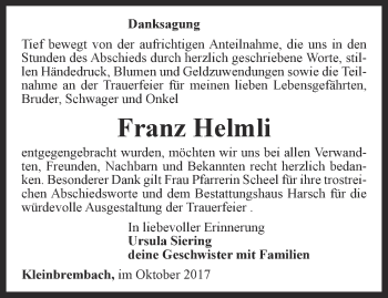 Traueranzeige von Franz Helmli von Thüringer Allgemeine