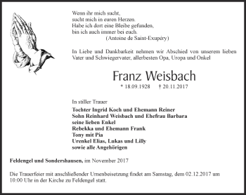 Traueranzeige von Franz Weisbach von Thüringer Allgemeine