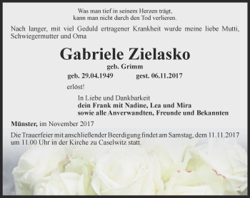 Traueranzeige von Gabriele Zielasko