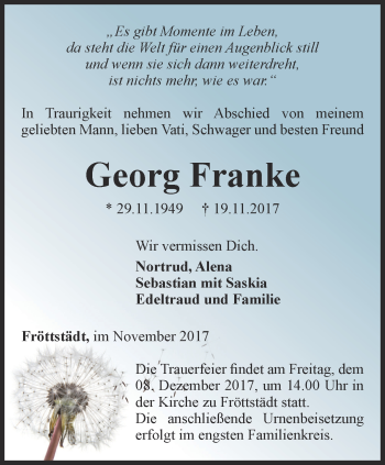 Traueranzeige von Georg Franke von Ostthüringer Zeitung, Thüringische Landeszeitung
