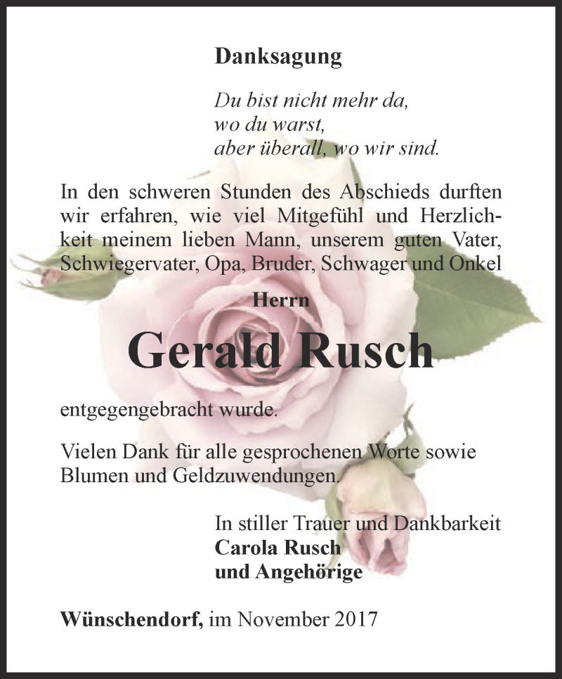  Traueranzeige für Gerald Rusch vom 18.11.2017 aus Ostthüringer Zeitung