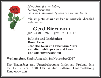 Traueranzeige von Gerd Biermann von Thüringer Allgemeine