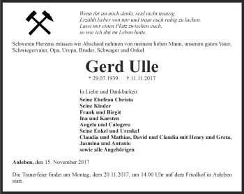 Traueranzeige von Gerd Ulle von Thüringer Allgemeine