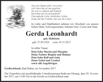 Traueranzeige von Gerda Leonhardt von Thüringer Allgemeine, Thüringische Landeszeitung