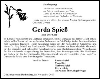 Traueranzeige von Gerda Spieß von Thüringer Allgemeine