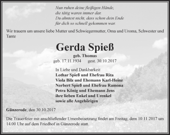 Traueranzeige von Gerda Spieß von Thüringer Allgemeine