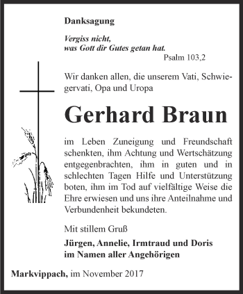 Traueranzeige von Gerhard Braun von Thüringer Allgemeine, Thüringische Landeszeitung